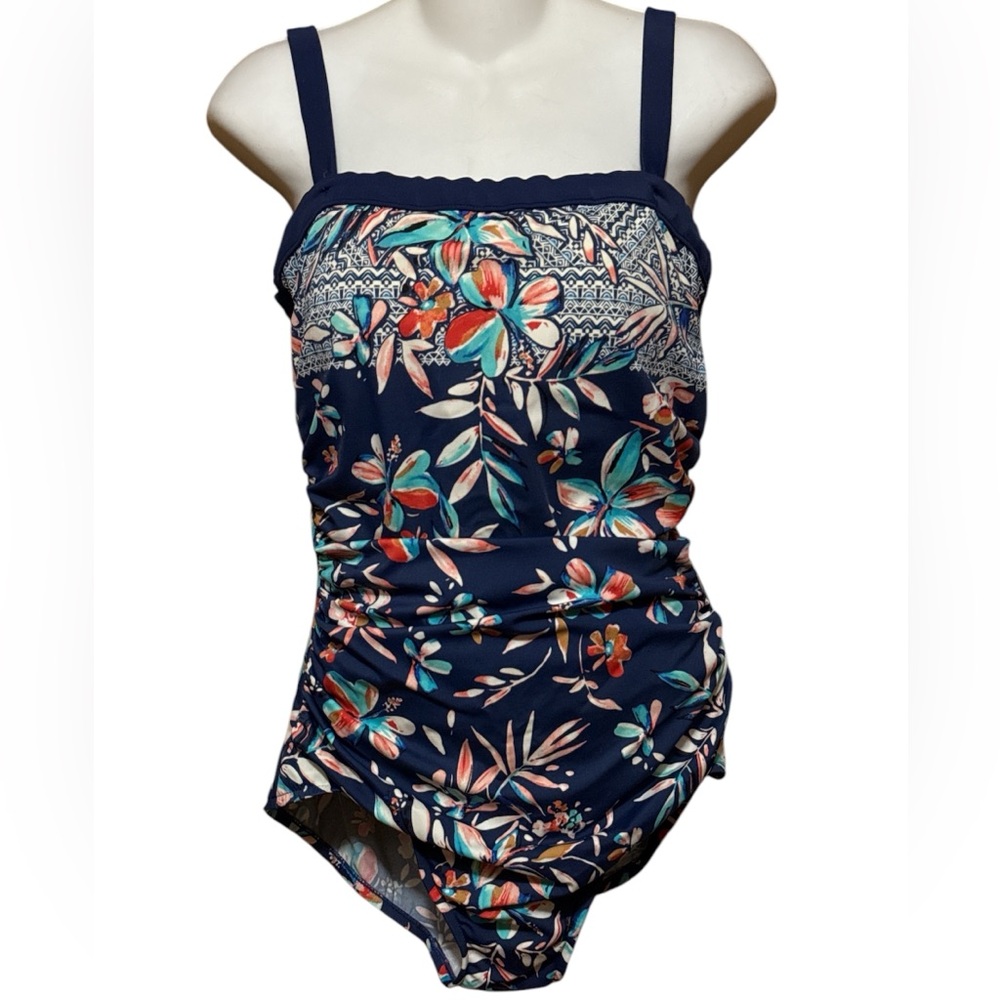 Maxine of Hollywood Womens Sz 12 One Piece Swimsuit Floral Blue Ruched Sides